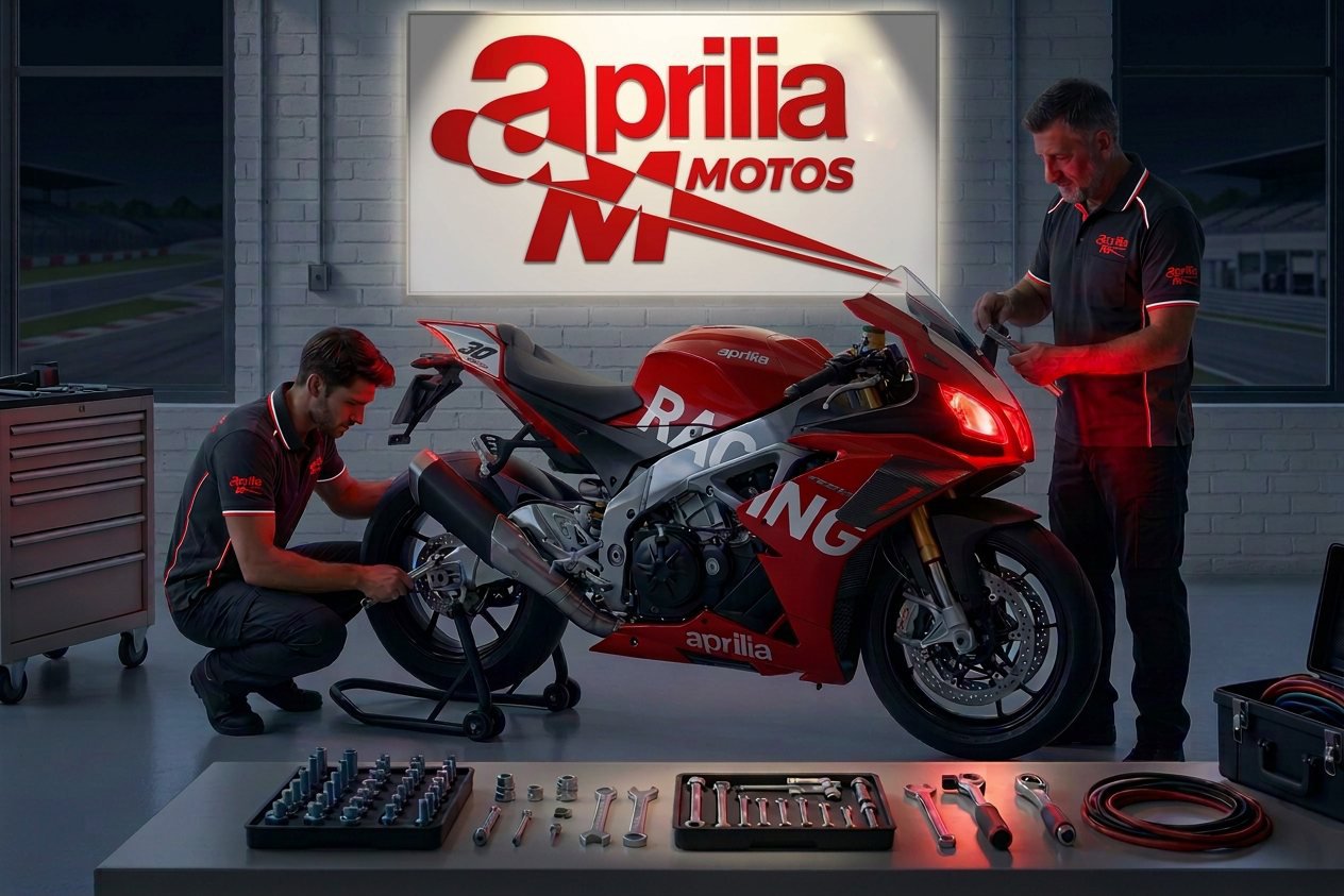 Mecánicos Aprilia trabajando en una moto de competición