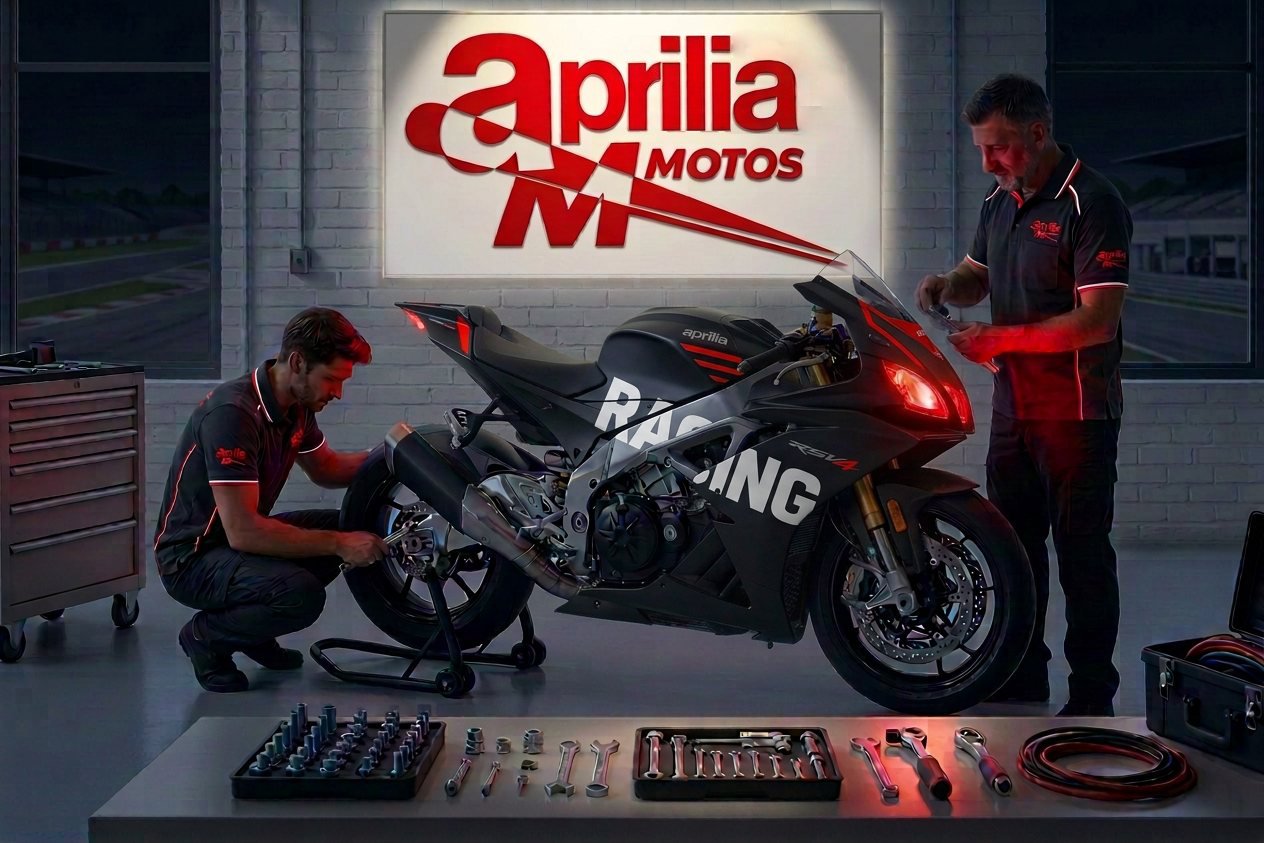 Moto Aprilia de competición en taller, imagen de referencia