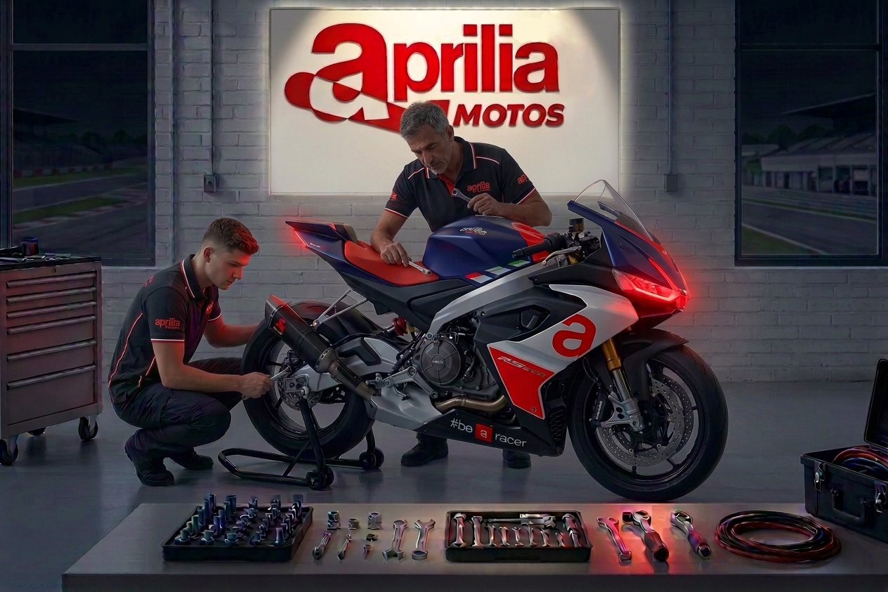 Moto Aprilia deportiva en taller, imagen de referencia